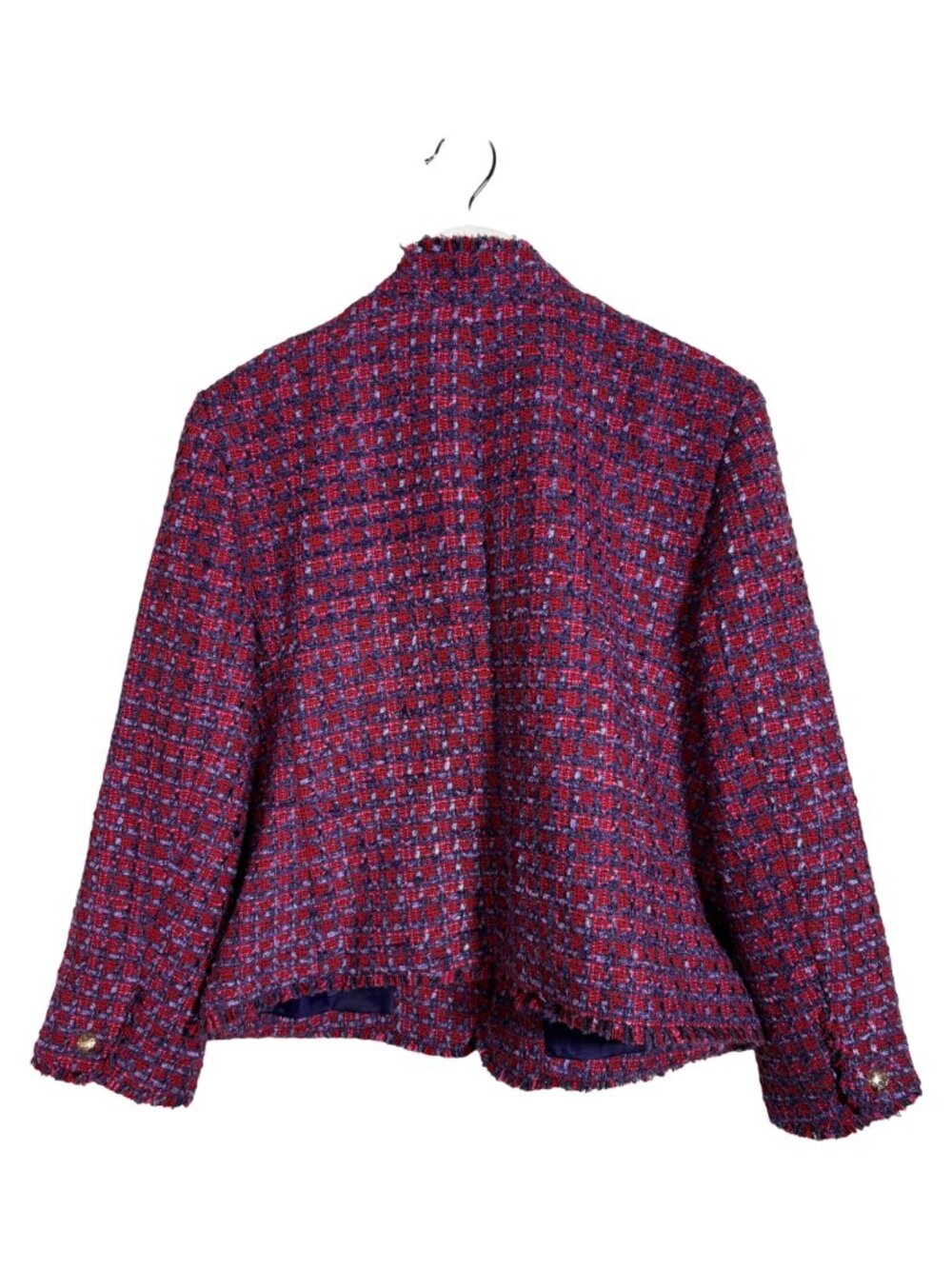 Talbots Tweed Fringe Trim Blazer Jacket Size 14 Purple Red Crest Button NWT - Picture 6 of 8